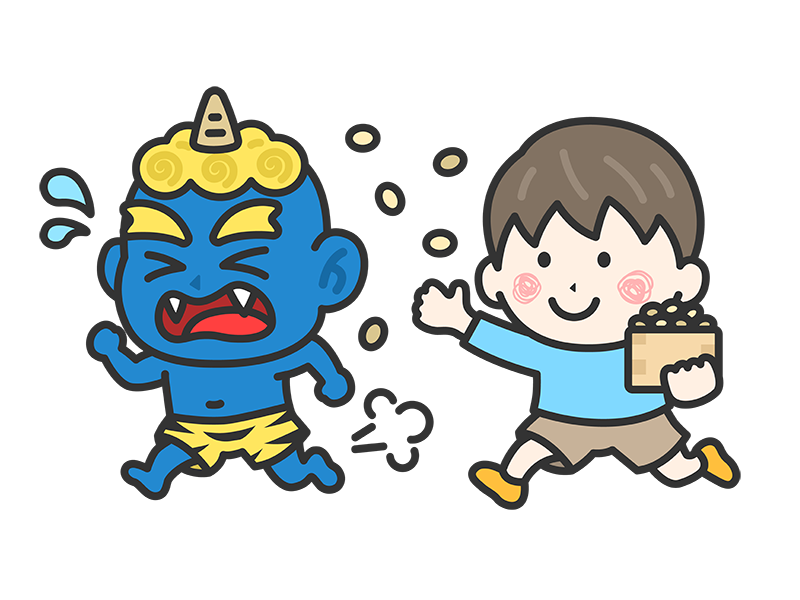 Free illustration of a boy icon (line drawing color) confronting a blue demon