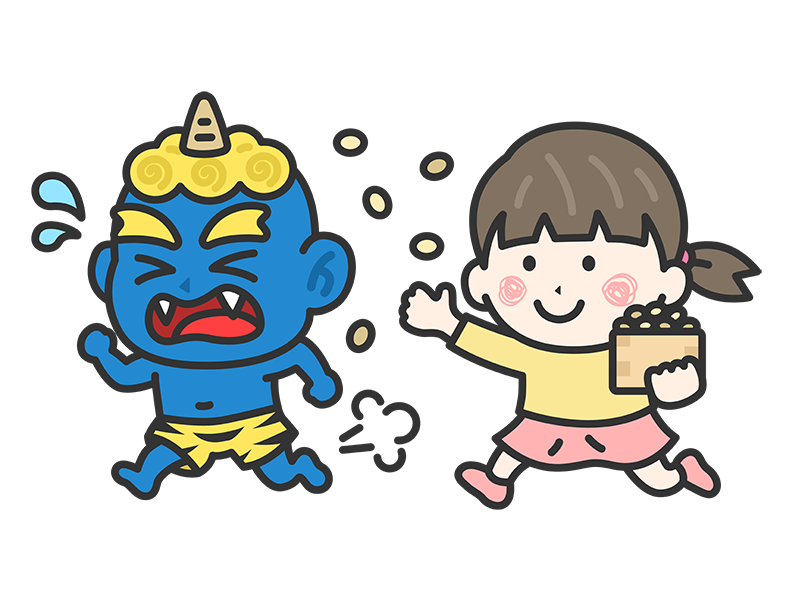 Free illustration of a girl icon (line drawing color) confronting a blue demon