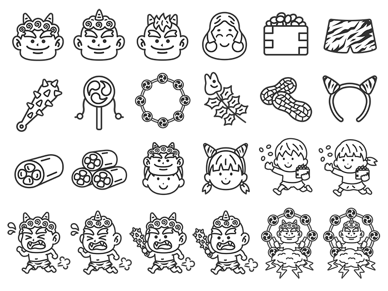豪華版！節分のスペシャルアイコン（線画）の無料イラストセット｜透過PNG・商用利用OK