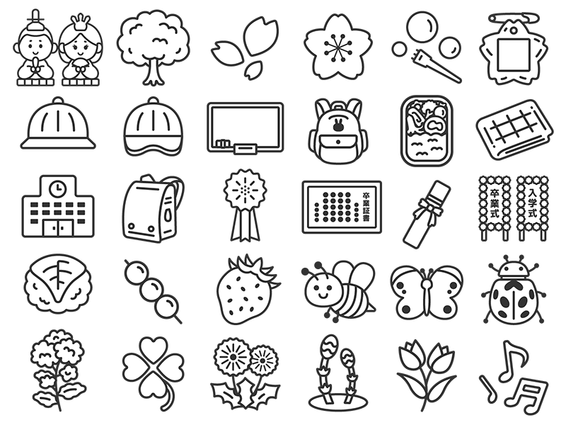 いろいろな、春シーズンアイコン（線画）の無料イラストセット｜透過PNG・商用利用OK
