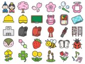 いろいろな、春シーズンアイコン（線画カラー）の無料イラストセット｜透過PNG・商用利用OK