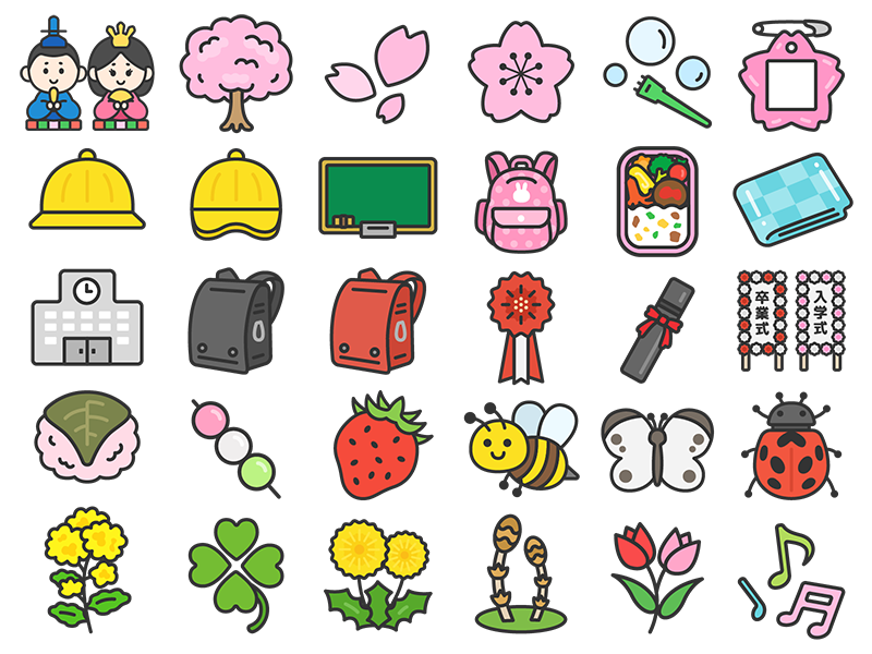 いろいろな、春シーズンアイコン（線画カラー）の無料イラストセット｜透過PNG・商用利用OK