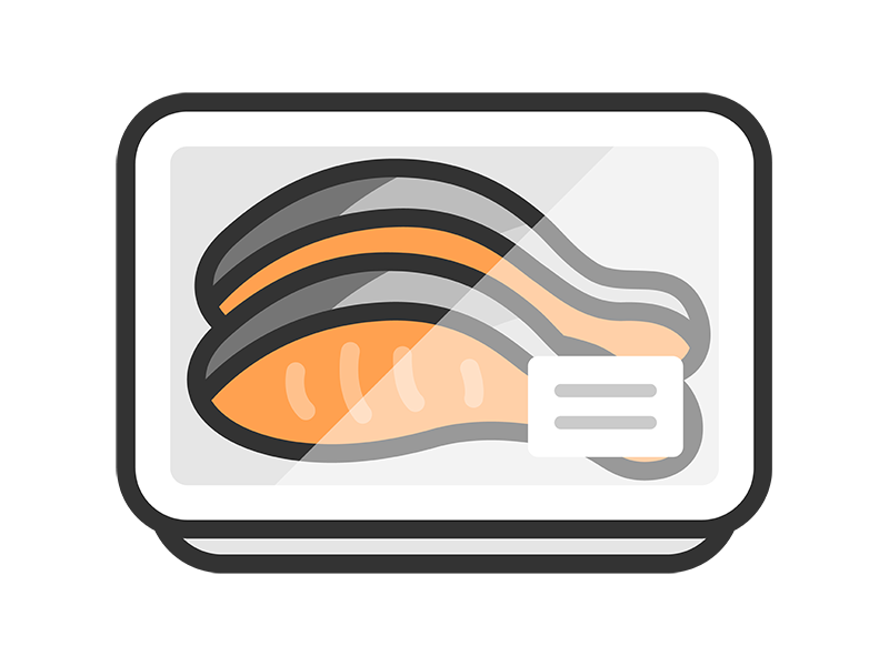Free illustration of a salmon fillet icon (line drawing color) in a supermarket pack