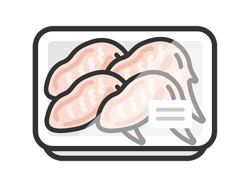 スーパーのパックに入った、生の手羽先のアイコン（線画カラー）の無料イラスト｜透過PNG・商用利用OK
