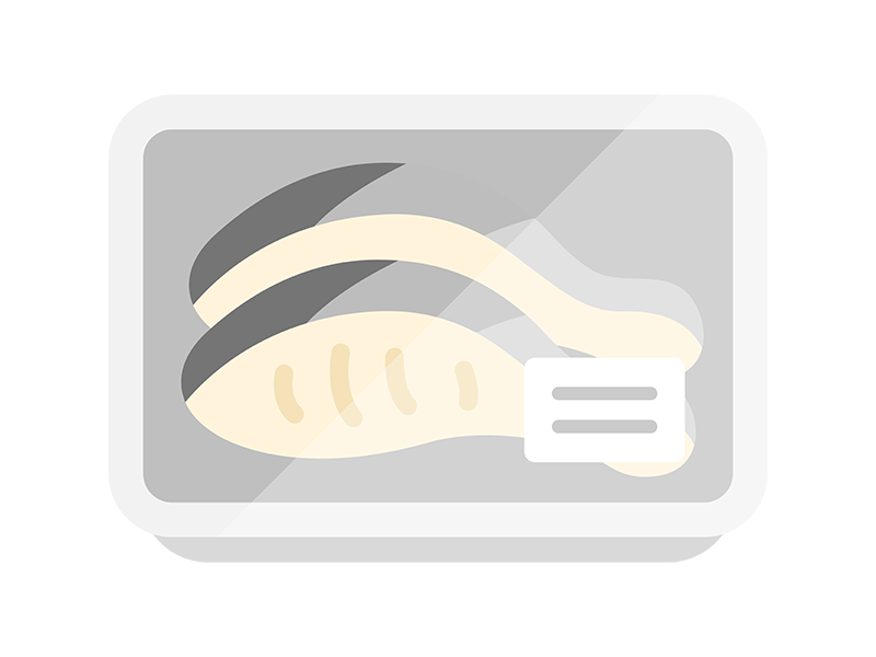 スーパーのパックに入った、魚の切り身のアイコンの無料イラスト｜透過PNG・商用利用OK