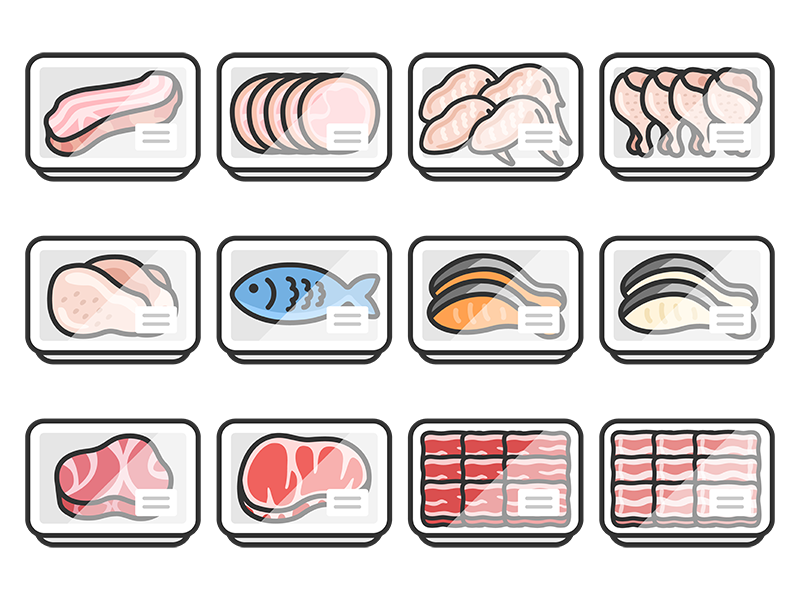 スーパーのパックに入った、鮮魚とお肉のアイコン（線画カラー）の無料イラストセット｜透過PNG・商用利用OK