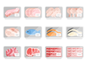 スーパーのパックに入った、鮮魚とお肉のアイコンの無料イラストセット｜透過PNG・商用利用OK
