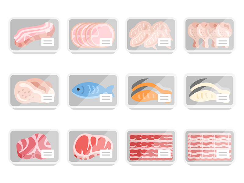 スーパーのパックに入った、鮮魚とお肉のアイコンの無料イラストセット｜透過PNG・商用利用OK
