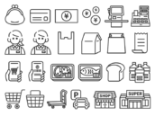 いろいろな、スーパーマーケット関連のアイコン（線画）の無料イラストセット｜透過PNG・商用利用OK