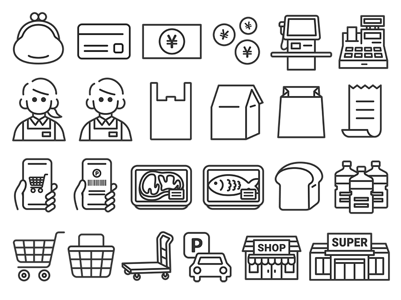 いろいろな、スーパーマーケット関連のアイコン（線画）の無料イラストセット｜透過PNG・商用利用OK
