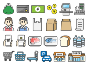 いろいろな、スーパーマーケット関連のアイコン（線画カラー）の無料イラストセット｜透過PNG・商用利用OK