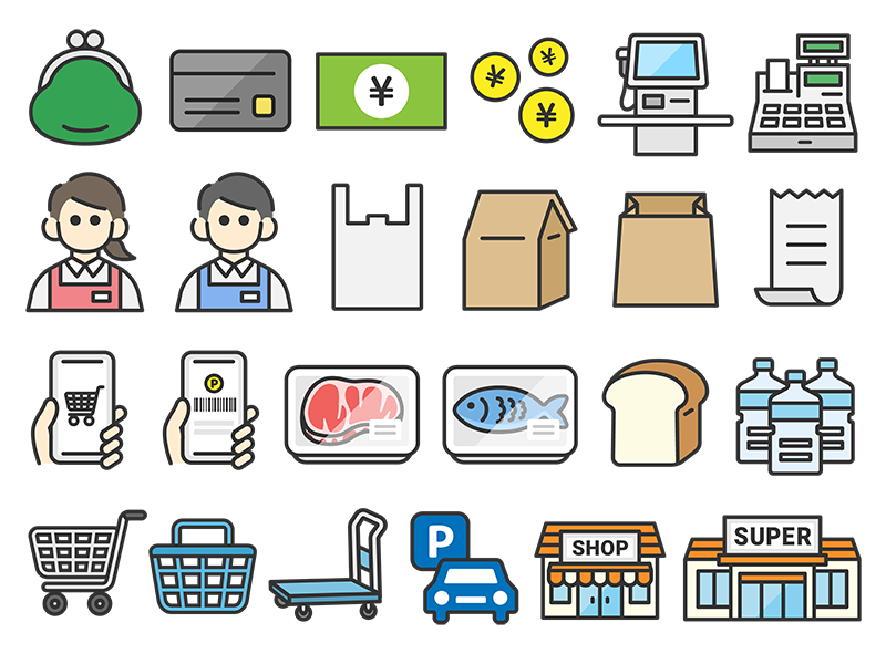 いろいろな、スーパーマーケット関連のアイコン（線画カラー）の無料イラストセット｜透過PNG・商用利用OK