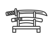 刀掛台に飾られた、日本刀と鞘のアイコン（線画）の無料イラスト｜透過PNG・商用利用OK