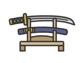 刀掛台に飾られた、日本刀と鞘のアイコン（線画カラー）の無料イラスト｜透過PNG・商用利用OK