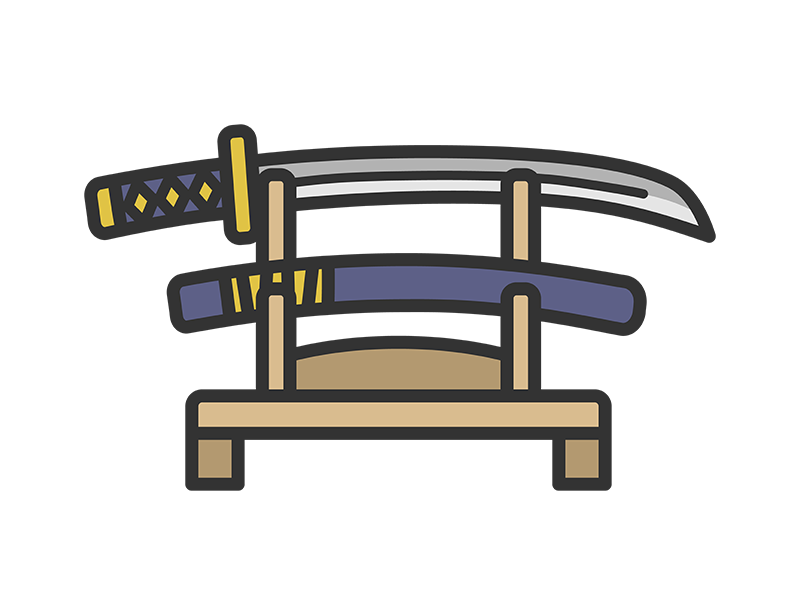 刀掛台に飾られた、日本刀と鞘のアイコン（線画カラー）の無料イラスト｜透過PNG・商用利用OK