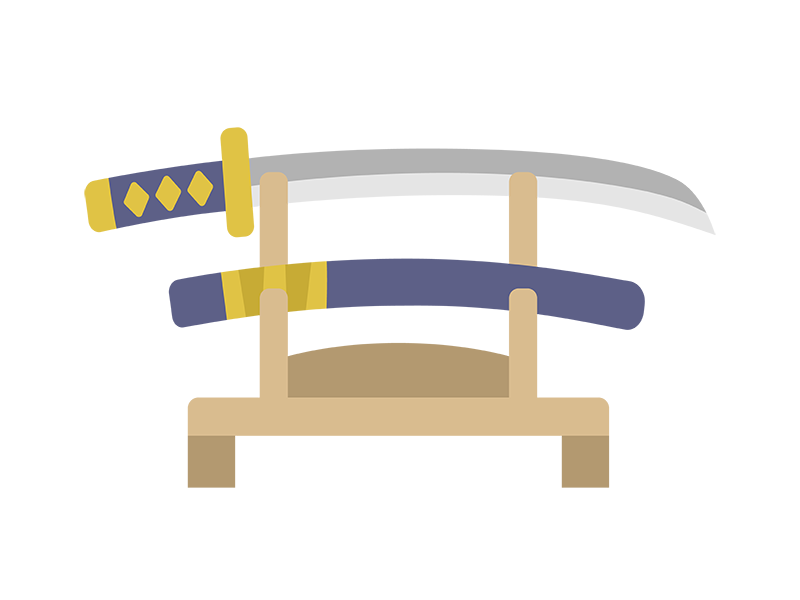 刀掛台に飾られた、日本刀と鞘のアイコンの無料イラスト｜透過PNG・商用利用OK
