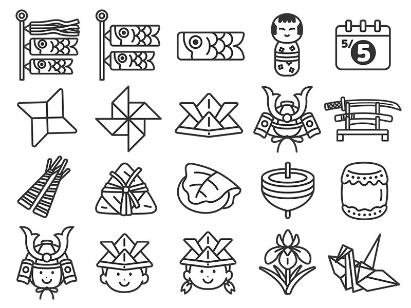 いろいろな、こどもの日のアイコン（線画）の無料イラストセット｜透過PNG・商用利用OK