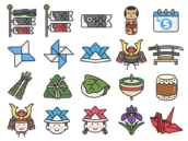 いろいろな、こどもの日のアイコン（線画カラー）の無料イラストセット｜透過PNG・商用利用OK