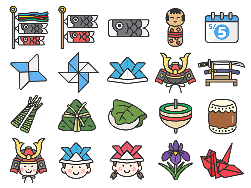 いろいろな、こどもの日のアイコン（線画カラー）の無料イラストセット｜透過PNG・商用利用OK