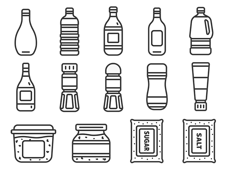 いろいろな、調味料のアイコン（線画）の無料イラストセット｜透過PNG・商用利用OK