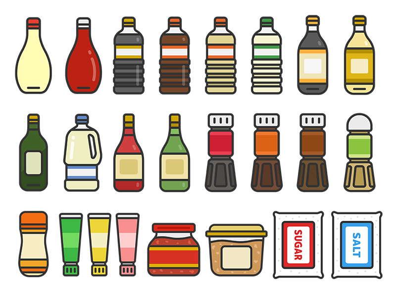 いろいろな、調味料のアイコン（線画カラー）の無料イラストセット｜透過PNG・商用利用OK