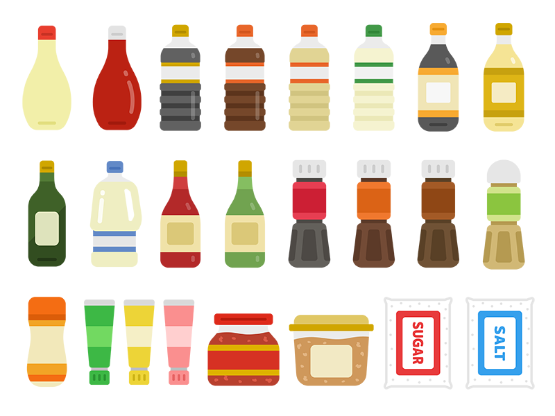 いろいろな、調味料のアイコンの無料イラストセット｜透過PNG・商用利用OK