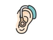 耳につけた、補聴器のアイコン（線画カラー）の無料イラスト｜透過PNG・商用利用OK