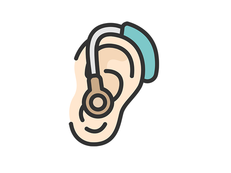 耳につけた、補聴器のアイコン（線画カラー）の無料イラスト｜透過PNG・商用利用OK