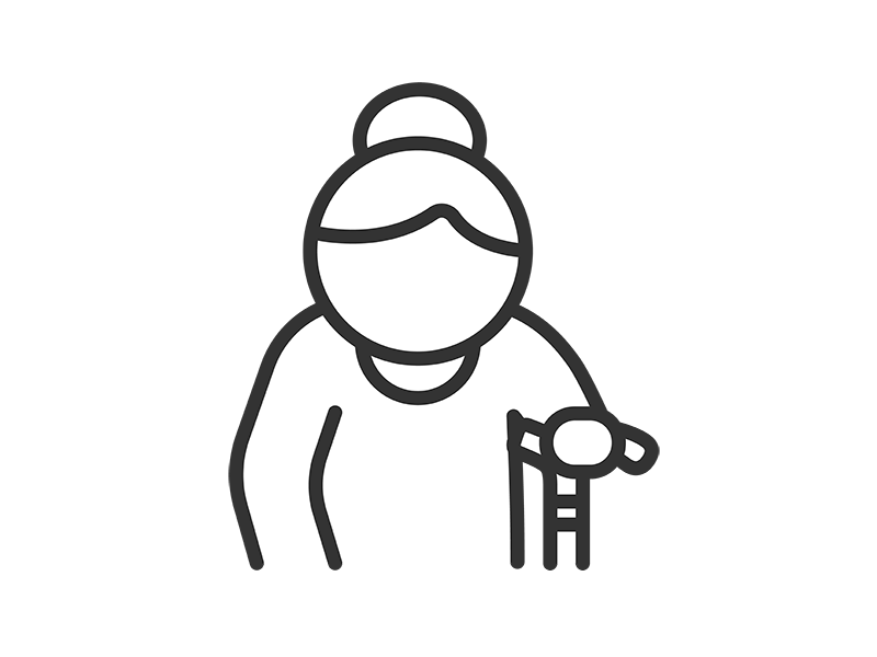 杖をついた、高齢者の女性のアイコン（線画）の無料イラスト｜透過PNG・商用利用OK
