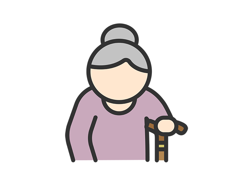杖をついた、高齢者の女性のアイコン（線画カラー）の無料イラスト｜透過PNG・商用利用OK