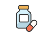 瓶に入った、錠剤のアイコン（線画カラー）の無料イラスト