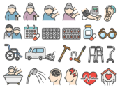 高齢者・介護・医療のアイコン（線画カラー）の無料イラストセット｜透過PNG・商用利用OK
