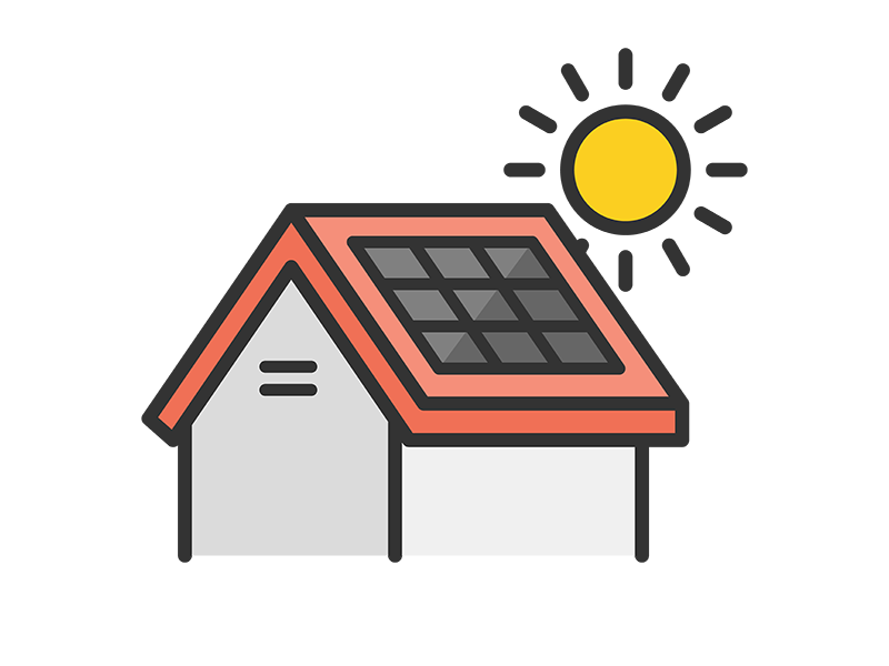 ソーラーパネルを設置した、住宅のアイコン（線画カラー）の無料イラスト｜透過PNG・商用利用OK