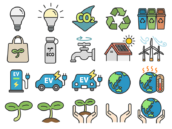 エコ・環境保護・SDGsのアイコン（線画カラー）の無料イラストセット｜透過PNG・商用利用OK