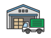物流倉庫とトラックのアイコン（線画カラー）の無料イラスト｜透過PNG・商用利用OK