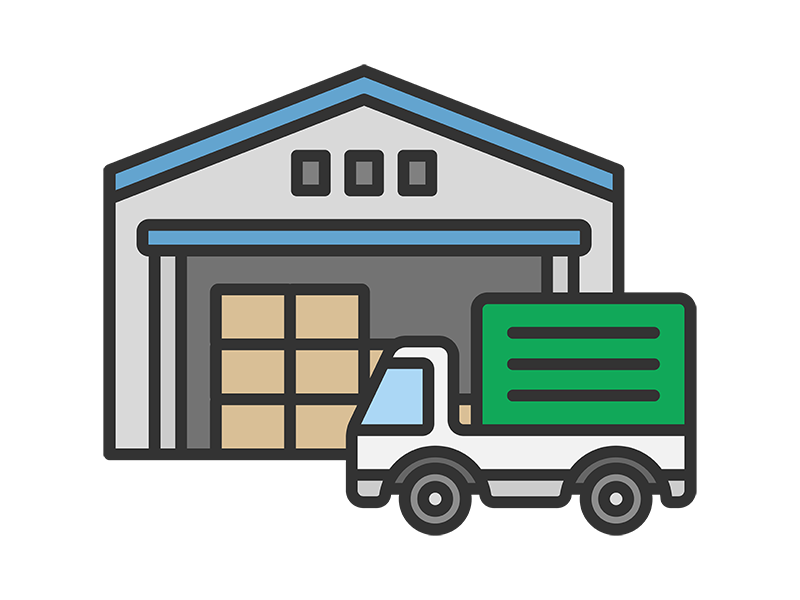 物流倉庫とトラックのアイコン（線画カラー）の無料イラスト｜透過PNG・商用利用OK