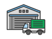 倉庫とトラックのアイコン（線画カラー）の無料イラスト｜透過PNG・商用利用OK