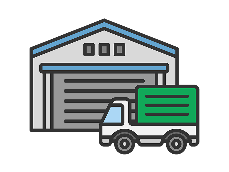 倉庫とトラックのアイコン（線画カラー）の無料イラスト｜透過PNG・商用利用OK