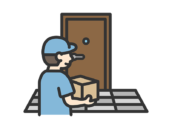 玄関先で荷物を届ける、宅配業者のアイコン（線画カラー）の無料イラスト｜透過PNG・商用利用OK