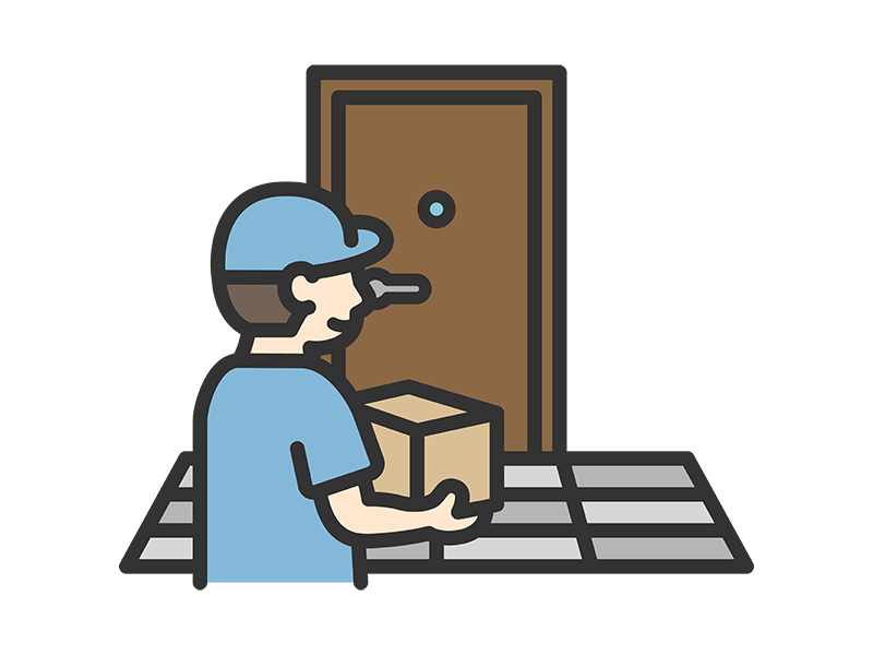 玄関先で荷物を届ける、宅配業者のアイコン（線画カラー）の無料イラスト｜透過PNG・商用利用OK