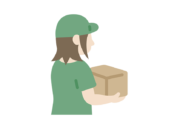 玄関先で荷物を届ける、女性の宅配業者のアイコンの無料イラスト｜透過PNG・商用利用OK