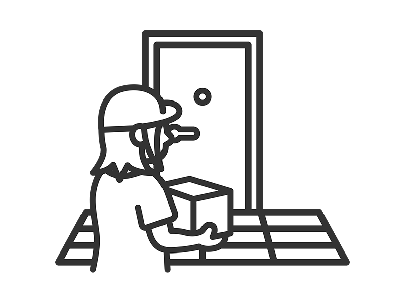 玄関先で荷物を届ける、女性の宅配業者のアイコン（線画）の無料イラスト｜透過PNG・商用利用OK