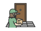 玄関先で荷物を届ける、女性の宅配業者のアイコン（線画カラー）の無料イラスト｜透過PNG・商用利用OK