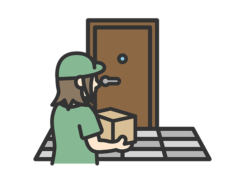 玄関先で荷物を届ける、女性の宅配業者のアイコン（線画カラー）の無料イラスト｜透過PNG・商用利用OK