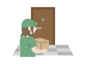 玄関先で荷物を届ける、女性の宅配業者のアイコンの無料イラスト｜透過PNG・商用利用OK