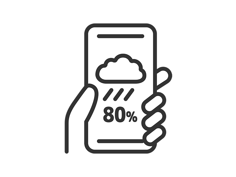 スマートフォンに表示された、雨天の天気予報のアイコン（線画）の無料イラスト｜透過PNG・商用利用OK