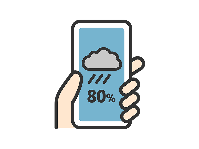 スマートフォンに表示された、雨天の天気予報のアイコン（線画カラー）の無料イラスト｜透過PNG・商用利用OK