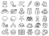 梅雨の30アイコン（線画）の無料イラストセット｜透過PNG・商用利用OK