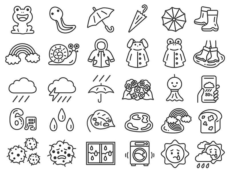 梅雨の30アイコン（線画）の無料イラストセット｜透過PNG・商用利用OK
