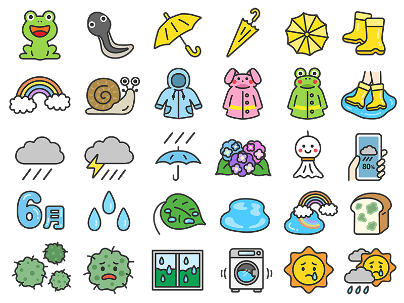 梅雨の30アイコン（線画カラー）の無料イラストセット｜透過PNG・商用利用OK